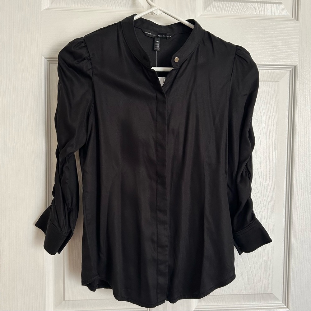 White House Black Market XXS Black Rouched Sleeve Shirt. NEW WITH TAGS